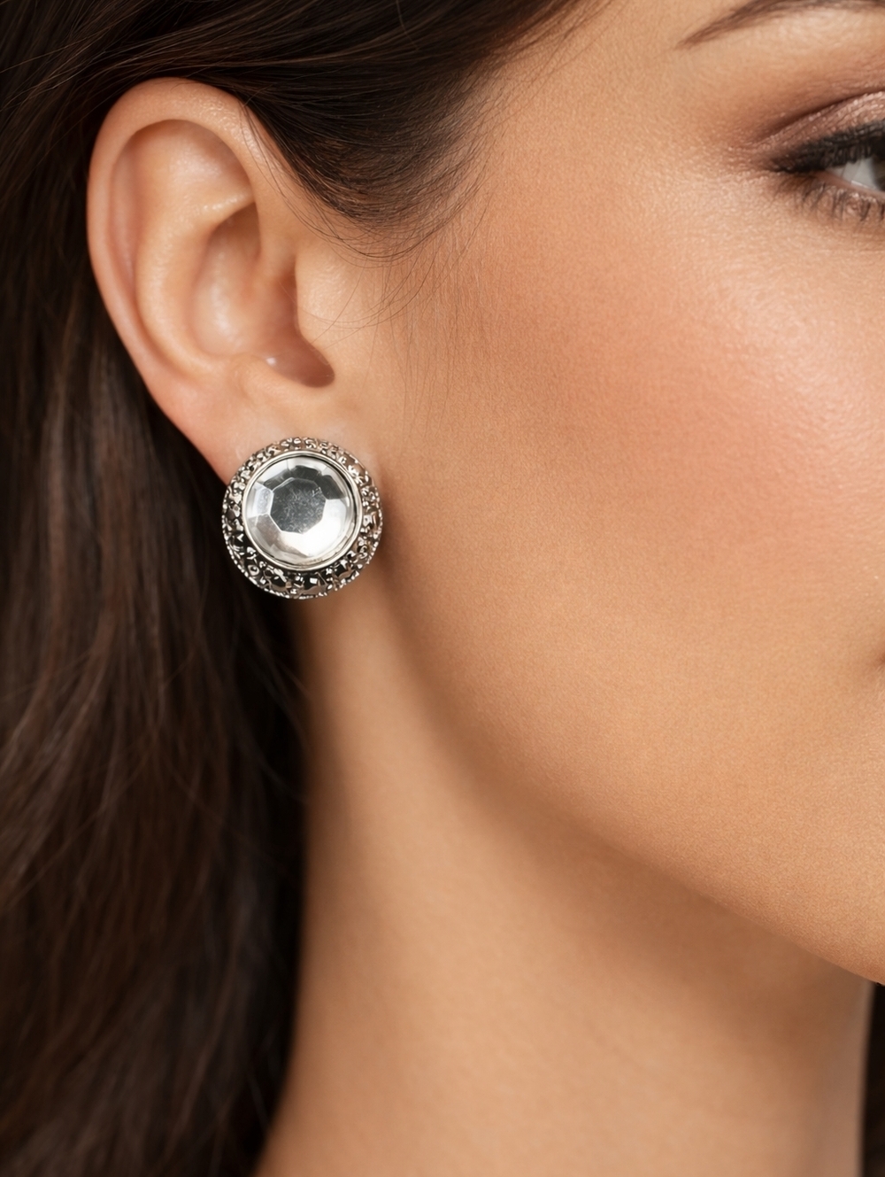 Textured Silver Crystal Small Stud Earrings - Women's Fashion Jewelry - 0.5-in